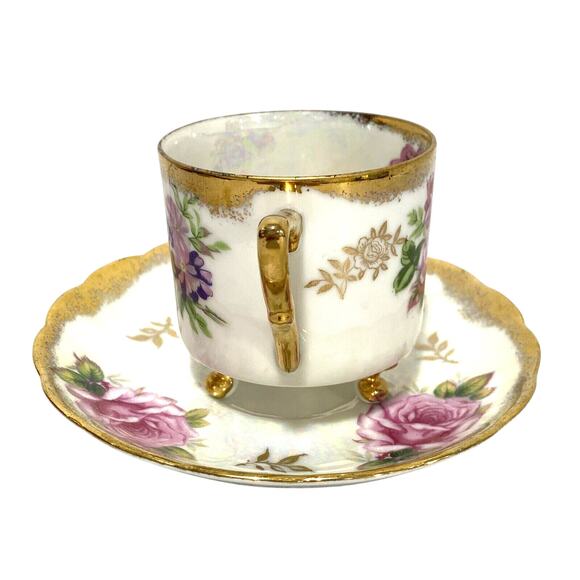 LM Royal Halsey Tea Cup & Saucer Set Iridescent Porcelain Pink Roses & Gold Trim - Picture 5 of 12